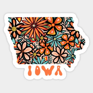 Iowa State Design | Artist Designed Illustration Featuring Iowa State Outline Filled With Retro Flowers with Retro Hand-Lettering Sticker